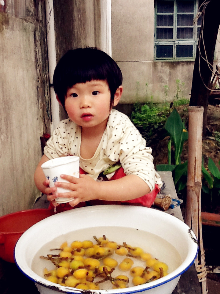 小侄女在洗枇杷